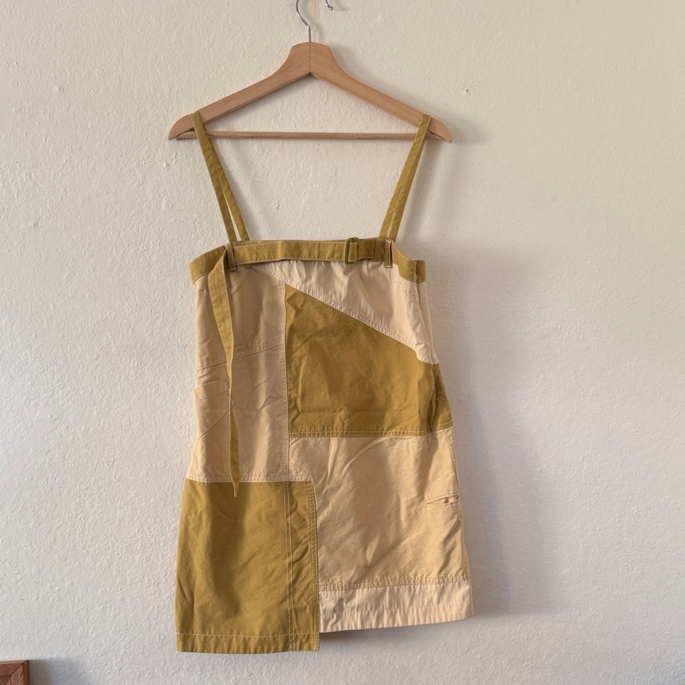 Zara Patchwork Lined Cotton Mini Dress in Mustard and Cream Sz M